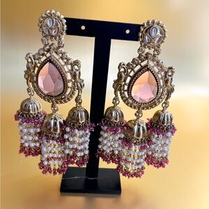 Elegant Gold and Pink Chandelier Earrings